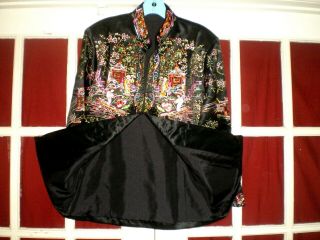 Vtg Chinese Black Silk Embroidered Jacket/Robe w/People Outdoor Scenes sz L 8