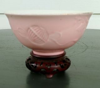 Antique Style Porcelain Chinese Bowl Wood Stand Pink Celadon Carved Teacup Lion
