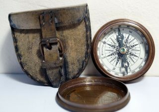 Antique Brass Maritime Stanley London Poem Compass w/ Handmade Leather box Case 2