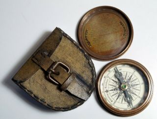 Antique Brass Maritime Stanley London Poem Compass w/ Handmade Leather box Case 3