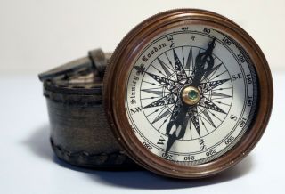 Antique Brass Maritime Stanley London Poem Compass w/ Handmade Leather box Case 4