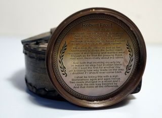 Antique Brass Maritime Stanley London Poem Compass w/ Handmade Leather box Case 5
