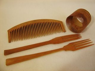 Antique C1895 Japanese Wooden Hair Kushi Combs And Accessories One Owner