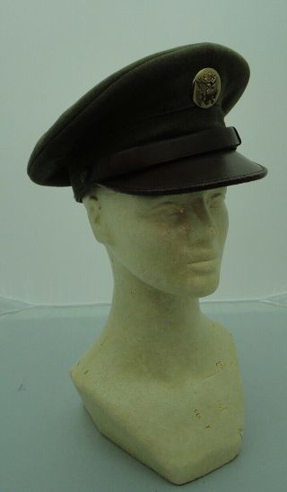 Vintage Ww2 Wwii Us Army Green Wool Visor Hat Uniform Badge Cap With Patch,  Rare