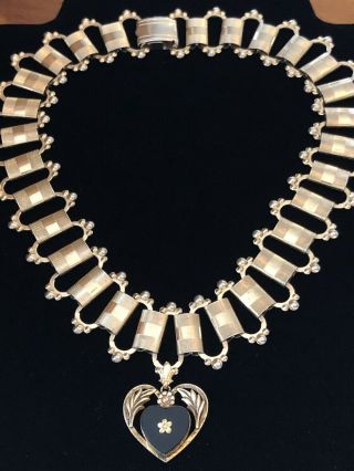 Antique Victorian Era Rose Gold Onyx Heart Pendant Revival Book Chain Necklace