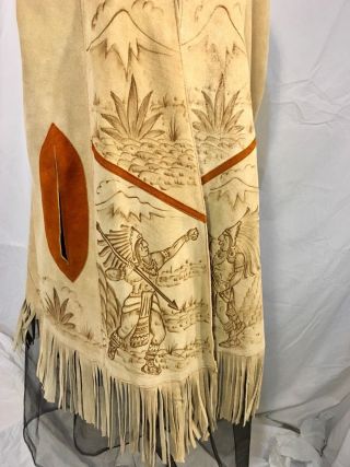 Old Vintage Suede Leather Pyrography Native Indians Blue Agave Hippy Poncho Cape