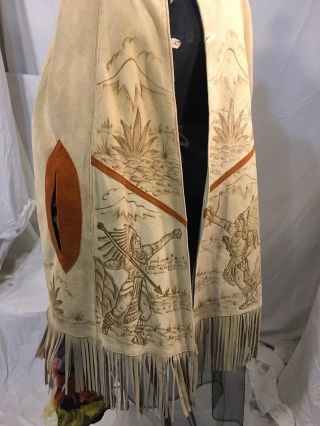 Old Vintage Suede Leather Pyrography Native Indians Blue Agave Hippy Poncho Cape 4