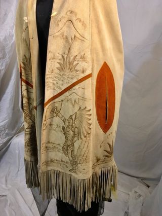 Old Vintage Suede Leather Pyrography Native Indians Blue Agave Hippy Poncho Cape 5