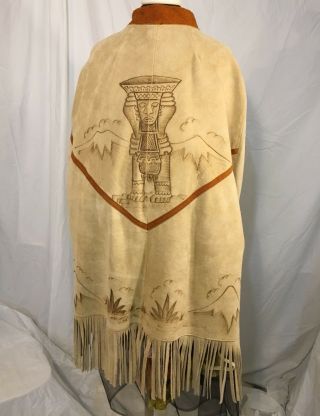 Old Vintage Suede Leather Pyrography Native Indians Blue Agave Hippy Poncho Cape 6