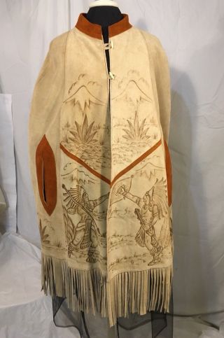Old Vintage Suede Leather Pyrography Native Indians Blue Agave Hippy Poncho Cape 7
