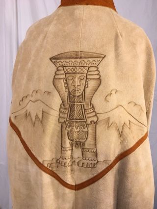 Old Vintage Suede Leather Pyrography Native Indians Blue Agave Hippy Poncho Cape 8