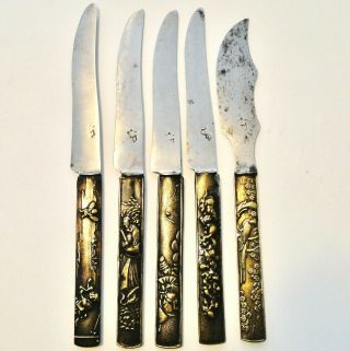 Antique Quality Set 5 Japanese Bronze Knives Figural Decor Meiji 1870