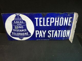Antique Porcelain Two Sided Flange Sign Telephone Pay Station