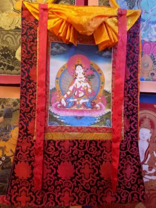 Handpainted Tibetan White Tara Thangka Chinese Buddhist Painting Dharma Buddha