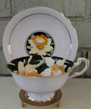 Vintage Paragon Lavender and Black Tea Cup & Saucer Daffodils Pink Stamp 1930s 3
