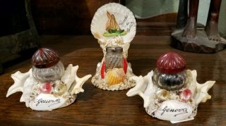 3 French Sea Shell Art Shellwork Inkwell Souvenir Handmade