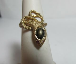 Vintage 10k Solid Gold Snake Ring With Natural Black Star Sapphire Head