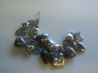 Vintage Sterling Silver Multiple Heart Charm Bracelet (22 Hearts)