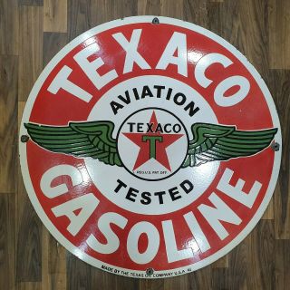 Texaco Aviation Gasoline Vintage Porcelain Sign 30 Inches Round
