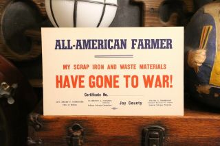Vintage 1940s Wwii Era All American Farmer Scrap Iron Gone To War Cardboard Sign