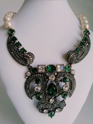 Heidi Daus Dazzling Sim.  Emerald,  Diamond,  Pearl Statement Art Deco Necklace -