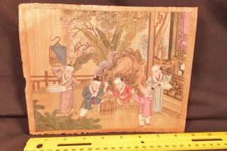 Antique JAPANESE WOODBLOCK PRINT BOYS WITH BIRDS PAINTED ON SILK UKIYO - E 2