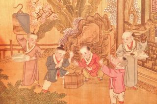 Antique JAPANESE WOODBLOCK PRINT BOYS WITH BIRDS PAINTED ON SILK UKIYO - E 4