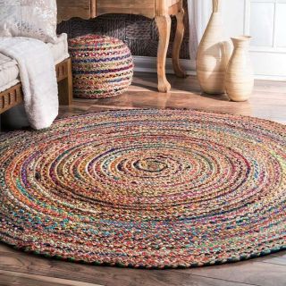 Indian Antique Boho Hand Braided Jute Bohemian Colorful Cotton Round Vintage Rug