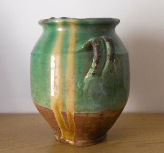 French Antique Pottery Green & Yellow Glazed Confit Pot Ceramic Provence