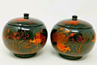 2 Japanese Black Lacquer Ware Round Trinket Boxes Hand Painted Gold Koi Fish Vtg