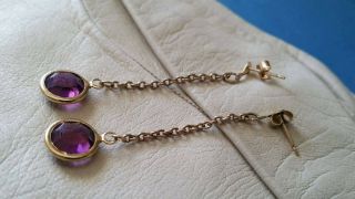 Antique Art Deco Rub - Over Set Amethyst,  9ct Gold Stunning Drop Chain Earrings