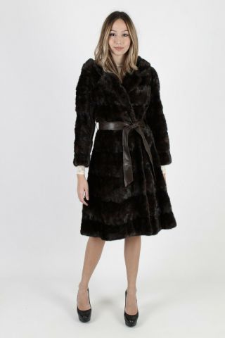 Vintage 60s Mahogany Mink Coat Real Fur Hooded Princess Belted Feathered Jacket 3