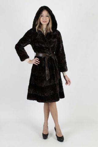 Vintage 60s Mahogany Mink Coat Real Fur Hooded Princess Belted Feathered Jacket 5