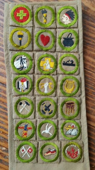 Vintage Boy Scout Sash W 21 Merit Badges Patches 1930s.  And Cards Bsa