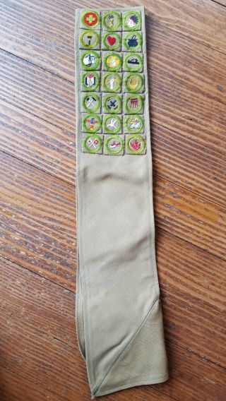 Vintage Boy Scout Sash w 21 Merit Badges Patches 1930s.  and cards BSA 2