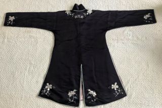 Vintage 1920s 30s Chinese Embroidered Black Silk Robe Floral Sprays Shanghai VTG 2