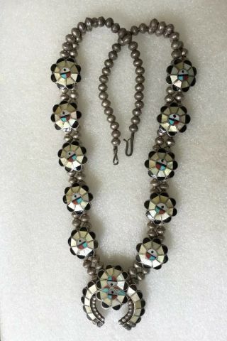 Vintage Zuni Turquoise Coral Black Sterling Silver Squash Blossom Necklace.  93.  5g