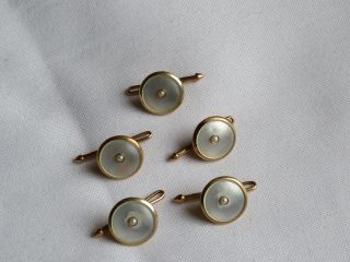 Vintage Bodkin 14k Gold Cuff Link Buttons Set Of 5 Mop & Pearl (id749)