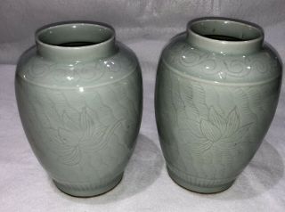 Pair Antique Chinese Celadon Porcelain Vases,  Fabulous Color,  Design And Size