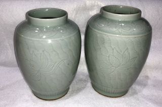 Pair Antique Chinese Celadon Porcelain Vases,  Fabulous Color,  Design and Size 2