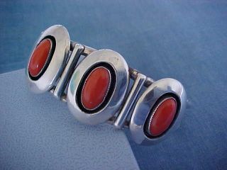 Vintage Navajo Sterling & Coral Cuff Bracelet Hand Made Signed Mexico 1963