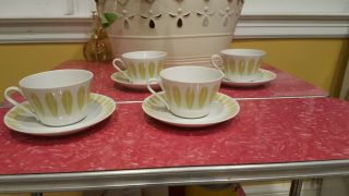 Vintage Set Of 4 Lyngby Lotus Lime Cups And Saucers