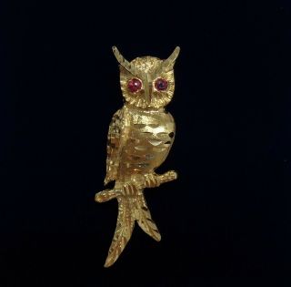 Vintage C.  1988 Owl Brooch 9ct Yellow Gold Ruby Eyes - Length 40 Mm - 5.  3 Grams