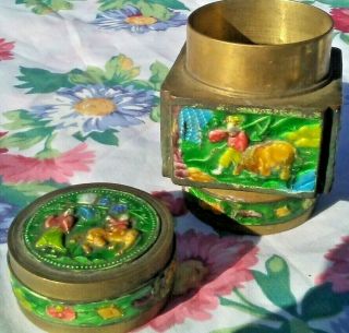 Antique Chinese Cloisonne Enamel Brass Jar Opium Snuff Tea Caddy Stash Box