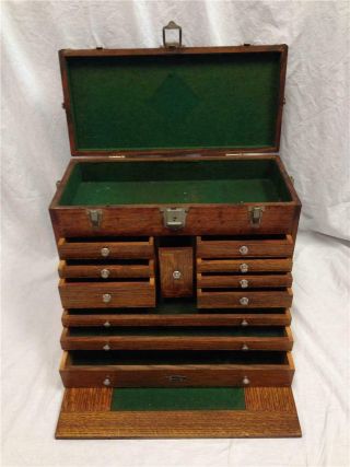 Vintage H.  Gerstner & Sons Oak Wooden Machinist Tool Box Chest W/ 11 Drawers