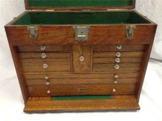 Vintage H.  Gerstner & Sons Oak Wooden Machinist Tool Box Chest W/ 11 Drawers 4