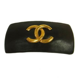 Authentic Chanel Vintage Cc Hair Barrette Black Leather Accessories A36807d