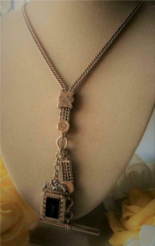 Antique Victorian Gold Gf Intaglio Locket Slide Watch Chain T/bar Necklace