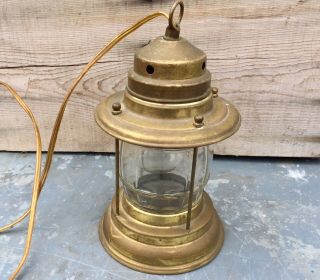 Vintage Anchor Hocking Brass Hanging Electric Lantern,  Nautical Decor Ship Lamp.