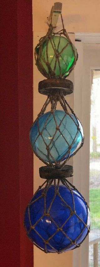 3 Vintage Antique Hand Blown Glass Float Balls Japanese Fishing Roped Nautical